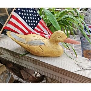 Duck Decoy Hand Carved Hand Painted 20" Folk Art Rustic Americana Vintage Prim